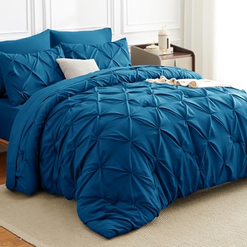 CozyLux King Size Comforter Set Teal, 7 Pieces Pintuck Bed in A Bag Teal Comforter King Size, Pinch Pleat Bedding Set with All Season Comforter, Sheets, Pillowcases & Shams