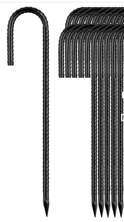 Mostantu 12 Inch Rebar Stakes, Heavy Duty J Hook Tent Stakes, Long Galvanized Ground Anchors Metal Spikes Landscape Yard Stakes for Signs, Trampoline, Chain Link Fence (Black 10 Pack)