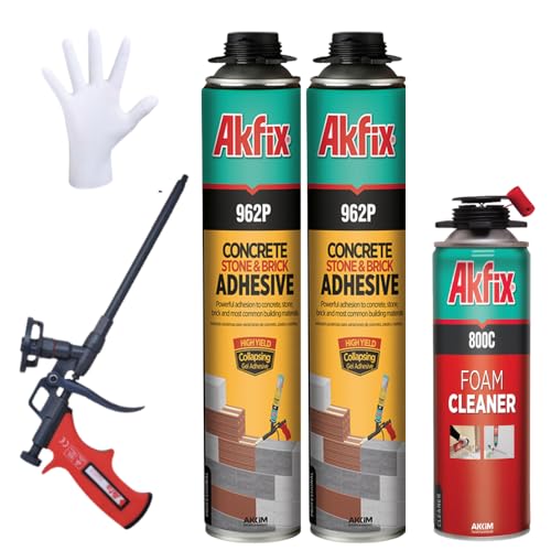 Akfix 962P Concrete Stone & Brick Adhesive Kit (2x24 Oz.)- Polyurethane Expanding Foam Adhesive with Strong Bonding, No Mortar, No Water, No Mixing | Gun & Cleaner Included | 24 Oz. 2 Pack
