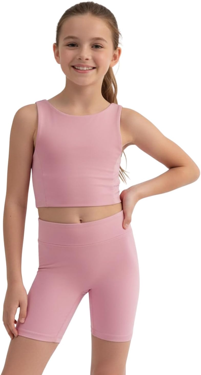 WELAKEN Girls 2 Piece Athletic Outfit Kids Yoga Crop Tank Top and Biker Shorts Set