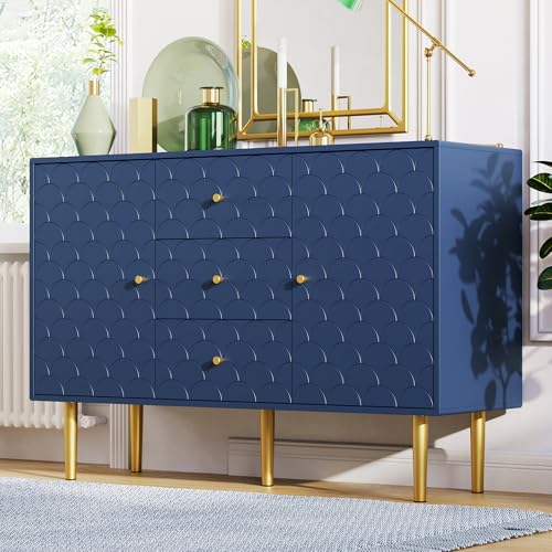 Cassettiera blu navy con 2 ante e 3 cassetti in legno certificato FSC, grande credenza per soggiorno, camera da letto, sala da pranzo, H82/B120/T40 cm