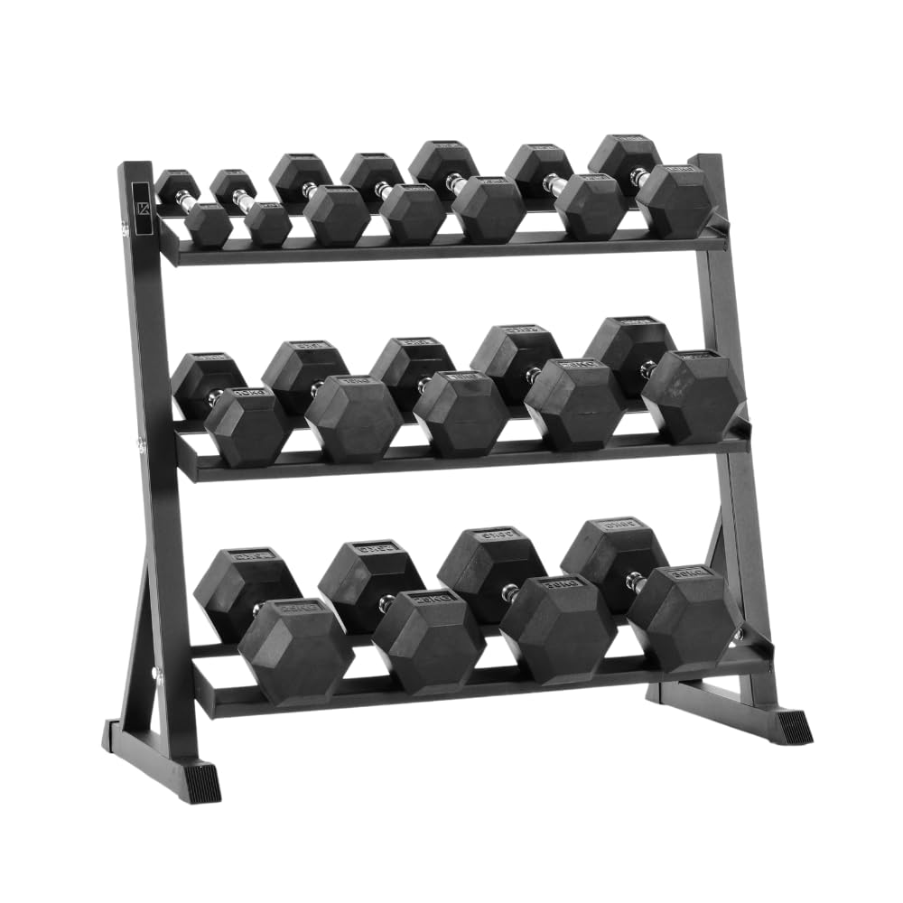 Equipped Gym - Hex Weights Dumbbells Set 2.5-50kg Pairs Options With Horizontal 3 Tier Rack Stand. Cast Iron Gym Weights Equipment For Home And Commercial Use For Both Men And Women