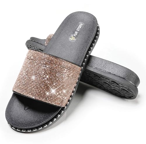 Image of Fur Story Womens Slides House Slippers Rhinestone Glitter Slides Cute bling Flat for Women Platform Sandals Cozy Bedroom Slippers Shower Shoes