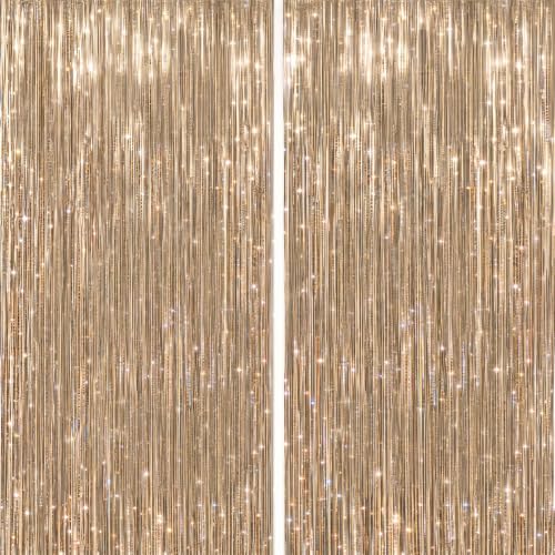 Image of DECOCKRAT 2 Pack Foil Fringe Backdrop - Laser Champagne Shiny Tinsel Curtains for Party Decoration /Photo Booth Props - 3.3x6.6 FT Metallic Foil Backdrop for Birthday, Wedding, Graduation, Christmas.