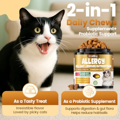Image of Cat Allergy Relief Chews for Cats with Probiotics, 500 Crunchy Treats | Cat Itchy Skin Relief with Omega-3 Fish Oil, Chicken Flavor, Supports Immune Skin & Coat Health, Licking, Seasonal Allergies