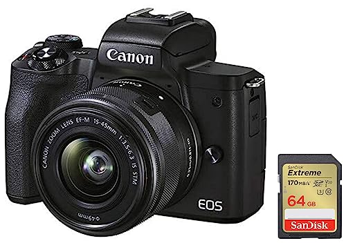 Image of Canon M50 Mark II 15-45mm f3.5-6.3 is STM Digital Zoom Camera (Black) & SanDisk Extreme SD UHS I 64GB Card for 4K Video for DSLR and Mirrorless Cameras 170MB /s Read & 80MB /s Write