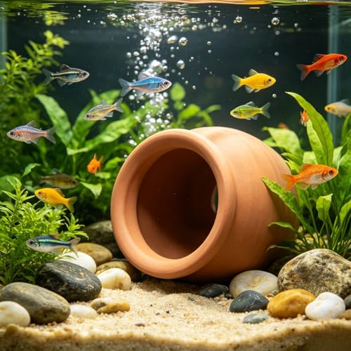 Image of Saim Natural Clay Ceramic Cave Pot - Aquarium Fish Tank Decor Hideout for Betta Shrimp Cichlid Small Fish Breeding & Hiding Shelter Cute Ornament Aquatic Habitat- Large