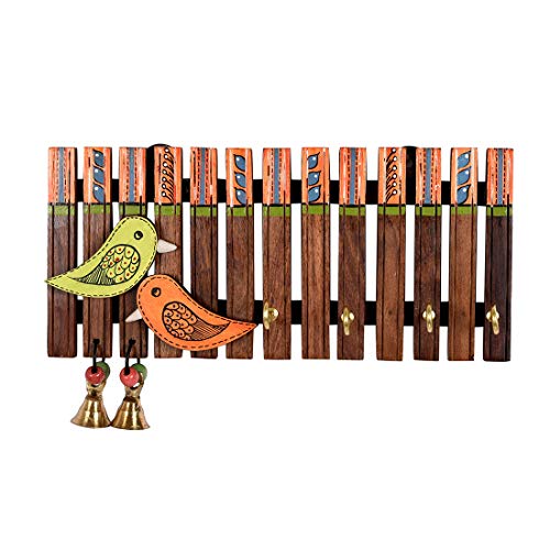 Image of Aakriti Art Creations Key Holder, Handcrafted Tribal Art Wooden Strips & Birds Key Hanger | Rustic Wood Wall Organizer with 4 Hooks | Storage Shelf For Keys, Hats | Multifunctional Entryway Decor Item