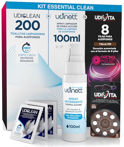 8 Pilas para Audífonos Tamaño 312 PR41 Marrón + Spray de Limpieza con Cepillo Integrado Udinett Fórmula Delicada 100ml + 200 Toallitas Limpiadoras Udiclean Tamaño de Bolsillo - Kit Essential Clean