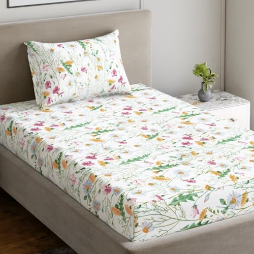 Image of Dreamscape 100% Cotton Bedsheet for Single Bed, 186 TC, 1 Bed Sheet (Size 59 x 87 inches) with 1 Pillow Cover - Pink