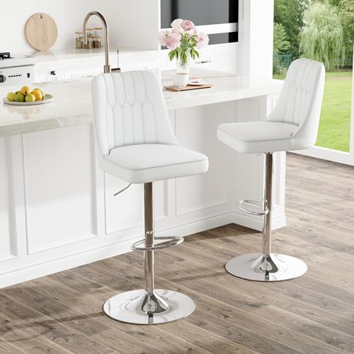 Image of Swivel Bar Stools Set of 2 - White Barstools with Back,Adjustable Counter Height Bar Stools with Sturdy Metal Legs,Leather Counter Height Stools Ideal for Kitchen Island Pub(25''-33''H)