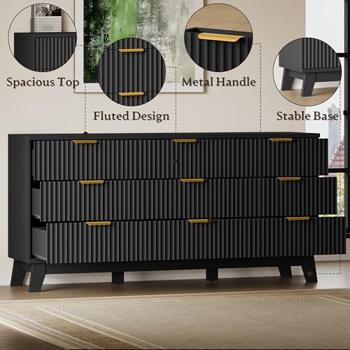 Image of BORNOON Fluted 9 Drawer Dresser, 57.1 inch Wide Modern Boho Chest of Drawers, Wooden Storage Dresser TV Stand for Bedroom, Living Room, Closet, Hallway, Curved Profile Design
