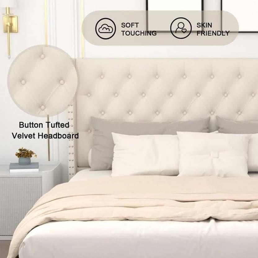 Image of Custom Decor Fabric Upholstered King Size Bed with Button Tufted Headboard for Bedroom || Solid Wood Bed | (Ivory Dutton, King (U.K. Standard))