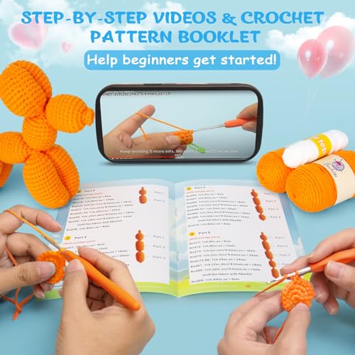 Image of Crochetta Crochet Kit for Beginners, Crochet Kit w Step-by-Step Video Tutorials, Crochet Starter Kit Learn to Crochet Kits for Adults Kids Beginners, Vibrant Orange Balloon Dog (40%+ Yarn Content)