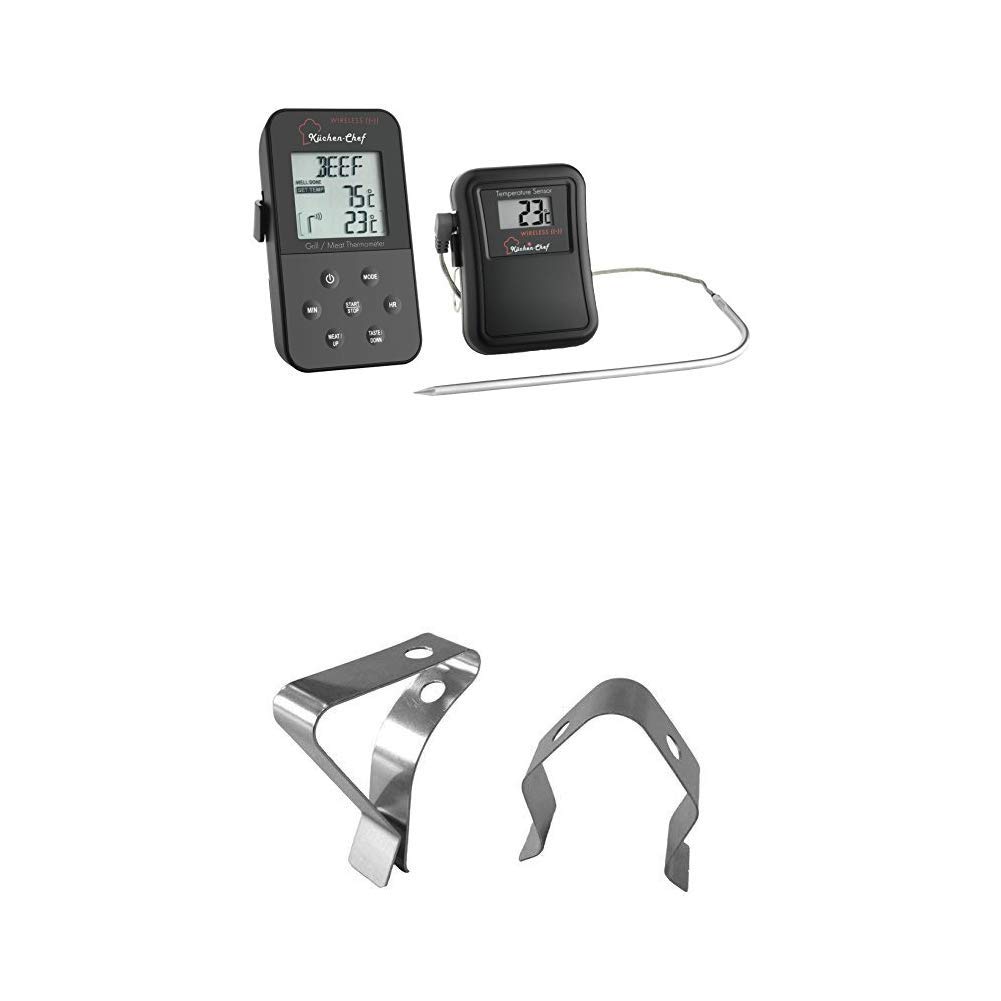 TFA Dostmann Küchen-Chef Funk-Grill-Bratthermometer, 14.1504, für ideal gebratenes Fleisch + Clips für Grill-Bratenthermometer, zur Befestigung des Temperaturfühlers, aus Edelstahl