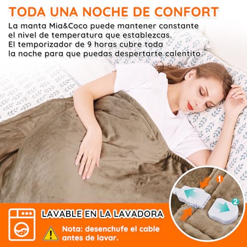 Miniatura 5 de Manta Eléctrica Grande Térmica Para Cama 130x180cm 10 Niveles De Calor Y Temporizador De Apagado Automático De 1 9 Horas Para Protección, Pantalla Led, Para Cama Hogar Y Oficina, Franela Lavable,Caqui