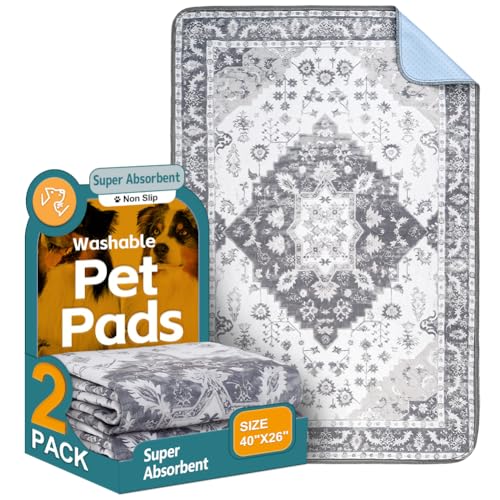 Image of Washable Pee Pads for Dogs, 2 Pack Reusable Puppy Training Pads 40 inchx26 inch Super Absorbent Waterproof Dog Training Pads, Non-Slip Potty Pads, Whelping Pads Litter Mat Light Grey Medallion