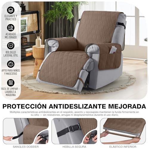Miniatura 3 de Kincam Funda Sillon Relax Reclinable, Impermeable Funda Para Sillón Relax Con Bolsillo Laterales Y Correas Elásticas Para Perros Y Mascotas, Suave Y Lavable Funda Sofa 1 Plaza Marrón