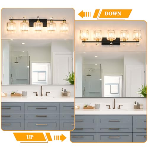 Image of 5 Light Black and Gold Vanity Light, Modern Crystal Bathroom Vanity Lighting Fixtures, Bath Wall Mount Lights with Clear Crystal Glass Shade, Wall Sconce Light for Mirror Bedroom Living Room, E26 Base