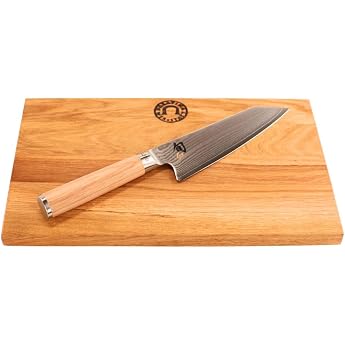 Kai Shun Classic White Kiritsuke DM-0777W 15 cm - Limited Damascus Knife 5555 Pieces + Oak Chopping Board 30 x 20 cm - Japanese Chef's Knife with 32-Layer Damask Polished on Both Sides