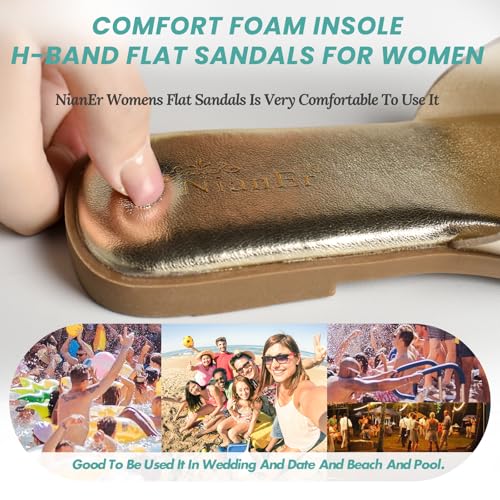 Image of NianEr Womens Microfiber Leather Memory Foam H Sandals Summer Shoes Slides | Flat, Comfortable, Slip On, Dressy, Dress, Beach, Vacation, Designer, Comfy, Casual, Bridal, Church, Boho, Office, Work