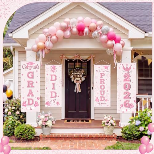 Image of Panelee 4 Pcs Pink Graduation Party Decorations 2026 Congrats Grad Porch Banners Class of 2026 Hanging Banner Backdrop for Classroom School Doorway Indoor Outdoor Wall Hanging Decor