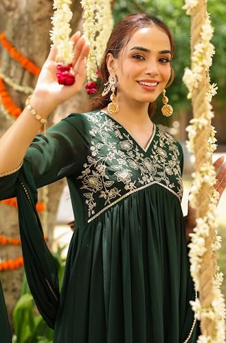 Image of Janasya Women's Georgette Zari Yoke Embroidered A-line Kurta Set