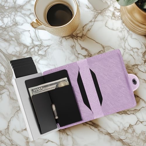 Image of Conceal Plus RFID Wallet Women - Light Pink Saffiano Credit Card Holder | Slim Aluminum Women's Wallet Blocks Scanning at 13.56MHz, Holds 4-6 cards with One-Touch Access, Fits Small Purse or Pocket
