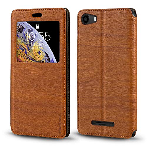 Coque à Rabat en Cuir PU avec Fenêtre Visible et Aimant Invisible Compatible avec Wiko Lenny 2, Étui Intelligent à Affichage Clair (Marron)