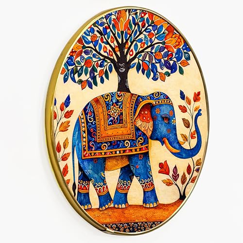 Image of Decorative Elephant Round Framed Wall Art Painting For Living Room | Traditional Floral Vastu Elephant Wall Art Painting with Frame for Home, Bedroom & Office, 16 Inch