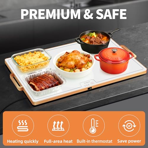Image of Food Warming Mat (XL 24 inchx16 inch), Food Warmers for Parties Buffet and Daily Use, Full Surface Warm Evenly Electric Warming Tray with Button Temperature Control, Gold Handles Warming Mat for Food, White