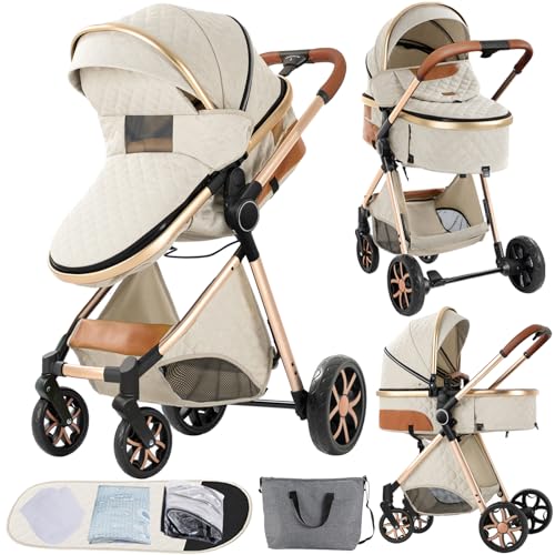 Image of 2 in 1 Baby Stroller Convertible Reversible Standard Pram Portable Pushchair Infant Buggy Baby Carriage Foldable High Landscape Pram for Toddler Newborn (225 Creamy White)