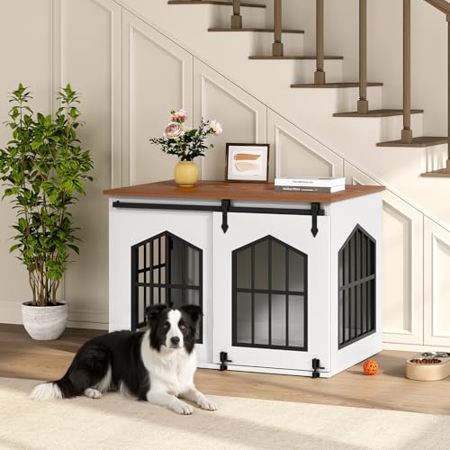 MAHANCRIS Dog Crate Furniture, 31.5\" Farmhouse Dog Kennel with Sliding Barn Door, Wooden Dog Cage for Small Medium Dogs, Decorative Pet House Side End Table, Chew-Resistant, White and Walnut DCBA9601 - Thumbnail 4
