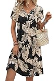 Zeagoo Vestido de Verano para Mujer Manga Corta Escote en V Plisado Elegante Falda Midi Informal Corte en A con Bolsillos y Botones Caqui Negro L