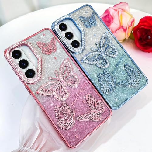 Image of Elzzi Electroplated Butterfly Phone Cover for Samsung S26 Plus Case, Showcasing Pearlescent Diamond Soft TPU, Camera Protection, Shockproof, Dropresistant Stylish for Girls & Women (Sierra Blue)