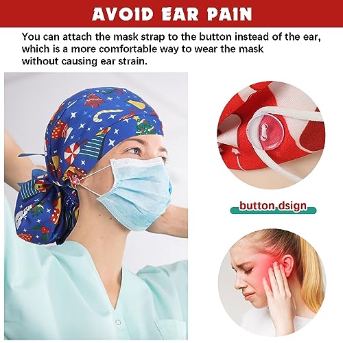 6 Pcs Scrub Caps for Women Doctor Nursing Hats with Buttons Adjustable Tie Back Working Cap Bouffant Scrub Hats for Women Men