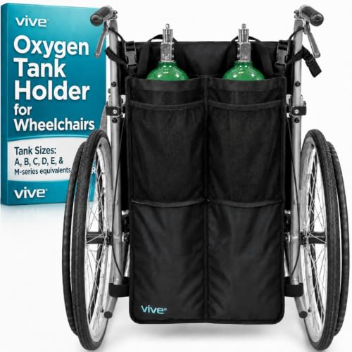 Vive Dual Oxygen Tank Holder for Wheelchairs - Oxygen Cylinder Bag with Adjustable Straps, Portable Wheelchair Accessories for Seniors, Elderly Assistance, Universal Fit & Storage Pockets, Black
