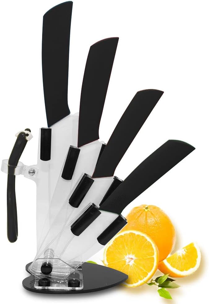 5-Pieces Ceramic Knife Set,Sharp Ceramic Knife with Block Stand,Steak Knife,Black Kitchen Knives With Anti-Slip handle,Includes 6"Chef Knife,5"Utility Knife,4"Vegetable Knife,3"Bread Knife,1"Peeler
