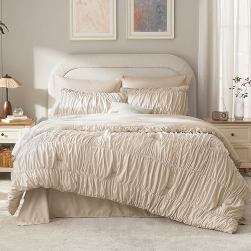 Andency Ruched King Size Comforter Set 7 Pieces, Beige Ruffle