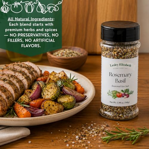 Image of Lesley Elizabeth Rosemary & Basil Seasoned Sea Salt Seasoning - Aromatic Herb & Sea Salt Blend - 8.4 oz (250 ml) PET Shaker Bottle for Poultry, Vegetables & Marinades