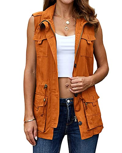 Koodred Women's Casual Military Utility Vest Lightweight Sleeveless Drawstring Jackets With Pockets #TOP1