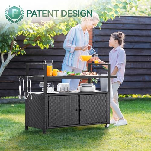 YITAHOME-Large-Outdoor-Kitchen-Wicker-Island-Rolling-Cart-Patio-Bar-Table-wWheels-and-Black-Glass-Table-Top-Backyard-and-Poolside-Dark-Brown YITAHOME Large Outdoor Kitchen Wicker Island Rolling Cart Patio Bar Table wWheels and Black Glass Table Top Backyard and Poolside Dark Brown