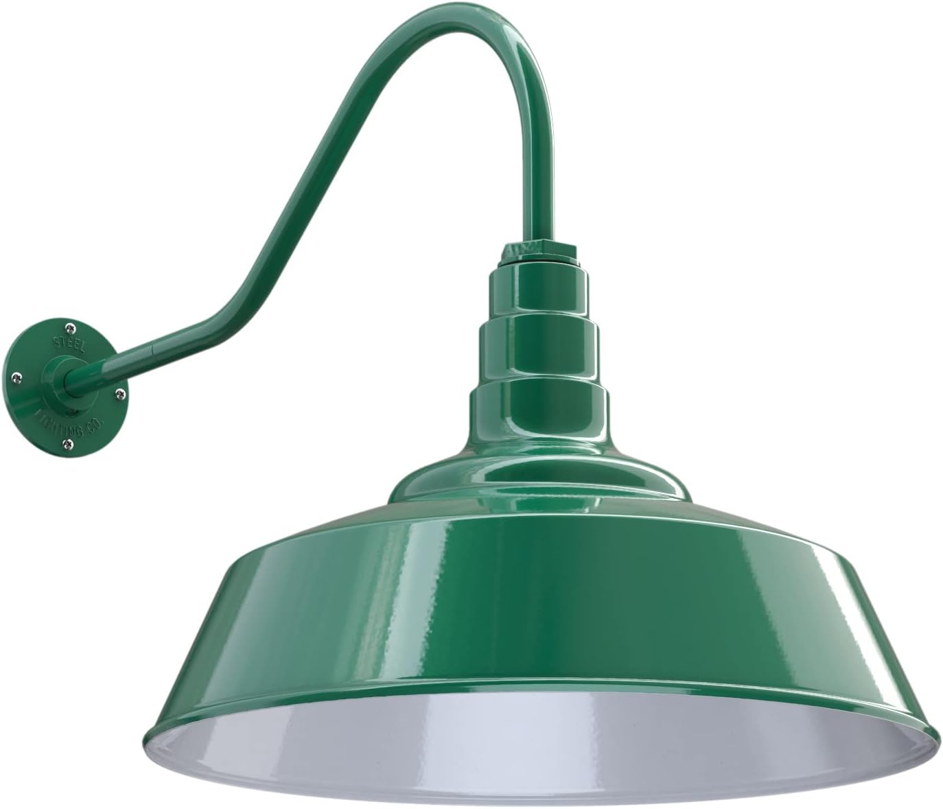 Steel Lighting Co. | Dusk to Dawn | Redondo Barn Light | Outdoor Wall Mounted | 20 inch Dome | 23 inch Gooseneck | Large Farmhouse Warehouse Light Made in America | Green Exterior/White Interior