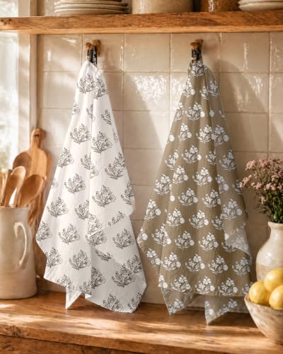Image of Miss Adola 2 Pack 150GSM Flour Sack Kitchen Towels, Botanical Rhythm | 16 inchx26 inch, Lightweight, Lint-Free, Pure Cotton, Decorative, with Hanging Loop, Absorbent, Softer after Wash, Versatile