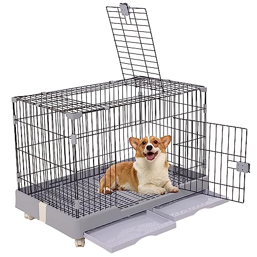 Cat Dog Crate Pet Kennel Steel Wire Small Animal Crate For Rabbit With Drawer Leak-Proof Tray, Double Door, 29 Inch #TOP7