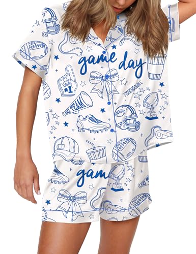 Image of SHESHOW Pajamas for Women Set Satin Button Down Short Sleeve Top and Shorts Pjs Sets Sport Ball Print Sleepwear XS-XXL