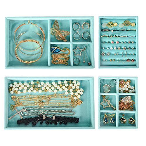 Frebeauty Acrylic Jewelry Box 4 Drawers,Clear Jewelry Organizer Velvet Rings Necklaces Earring Bracelets Display Case Stand Holder Tray For Women Girls(Turquoise) #TOP5