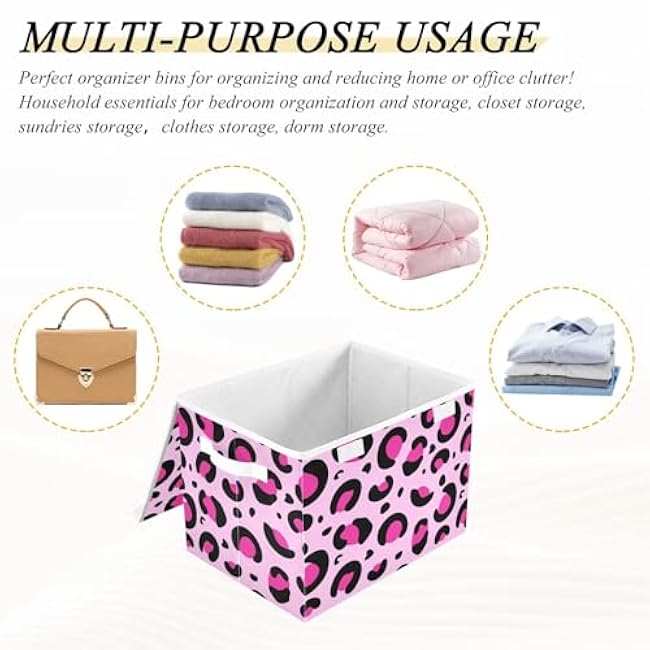 susiyo Large Foldable Storage Bin with Flip-Top Lid, Leopard Black Pink Storage Box Collapsible Closet Organizer Containers Boxes Decorative Baskets with Handles for Home Bedroom Living Room Office