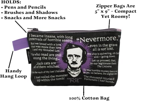 Image of The Unemployed Philosophers Guild Edgar Allan Poe Bag - 9 inch Canvas Zipper Gothic Themed Pouch for Pencils, Tools, Cosmetics, Toiletries, and More