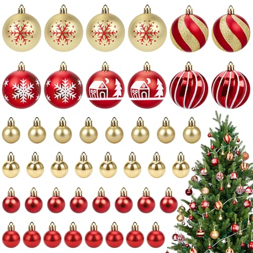 Lot de 44 Boules de Noël Rouges en Plastique - Ornements à Suspendre - pour fête de Noël, décoration d'intérieur